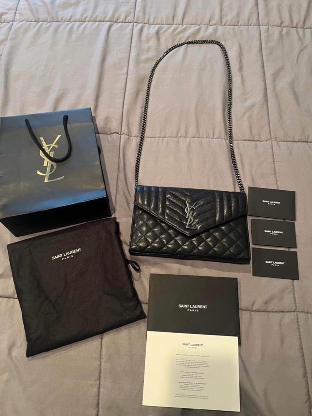 100% Authentic Saint Laurent Black Quilted Leather Envelope Chain Purse